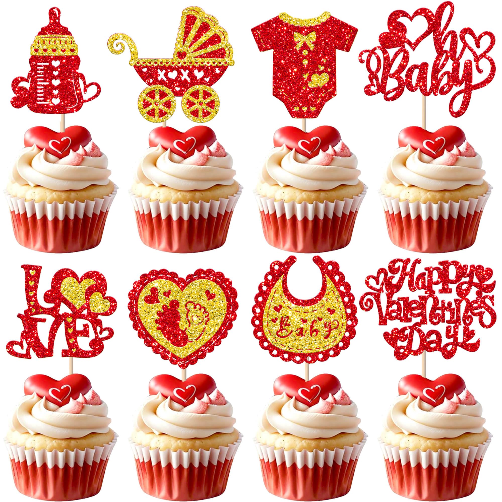 24 Stück Happy Valentine's Day Cupcake Toppers Oh Baby Tortendeko Glitzer Love Kuchen Deko für Happy Valentine's Day Thema Baby Dusche Geburtstag Party Kuchen Dekorationen Rot Gold