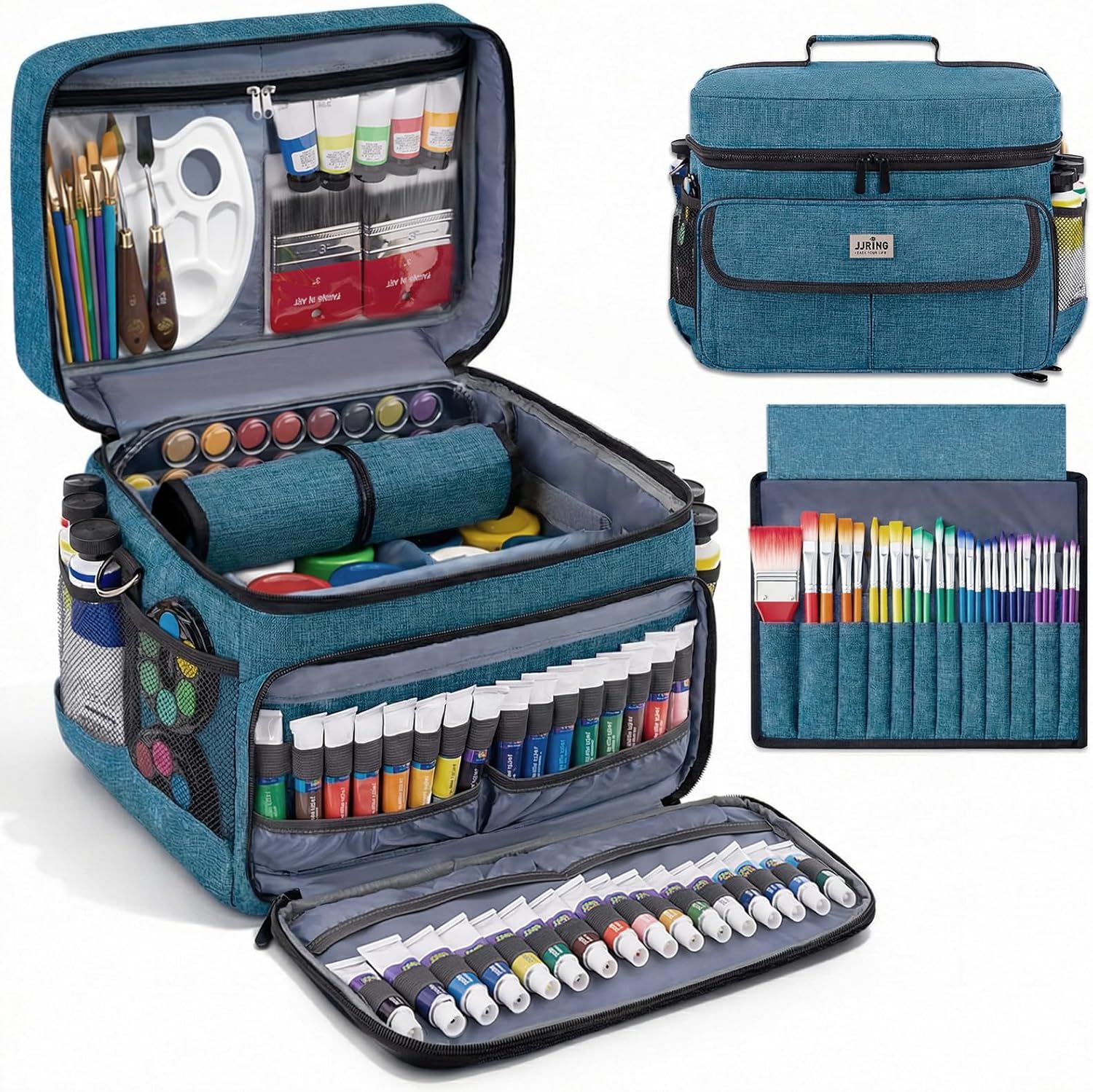 JJRING Versatile Acrylic Paint Organizer Bag With Adjustable Dividers For Multi-Size Bottles, Art Supply Storage Case Features 12-Slot Brush Holder & Clear Zipper Pocket, Travel Craft Tote(Green)