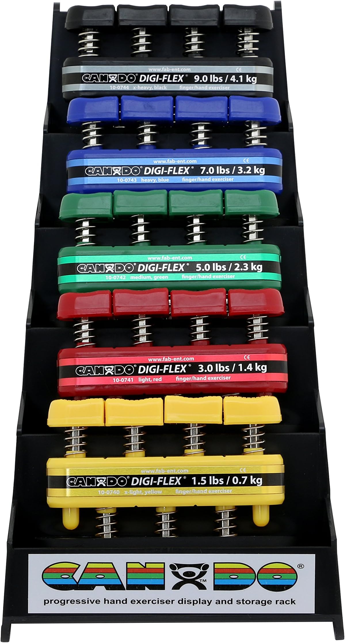 Digi-Flex hand exerciser - set of 5 (yellow, red, green, blue, black), with plastic rack