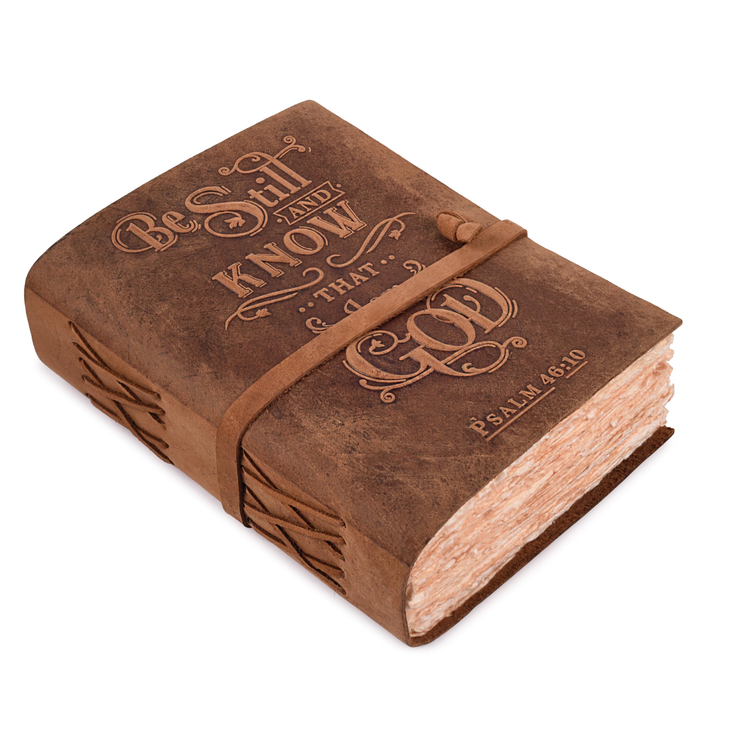 LEATHER VILLAGE Vintage Leather Journal with Psalm 46:10 Bible Verse–13''x8'' Embossed Prayer Journal for Women & Men – 200 Pages Handmade Cotton Deckle Edge Watercolor Paper - Brown
