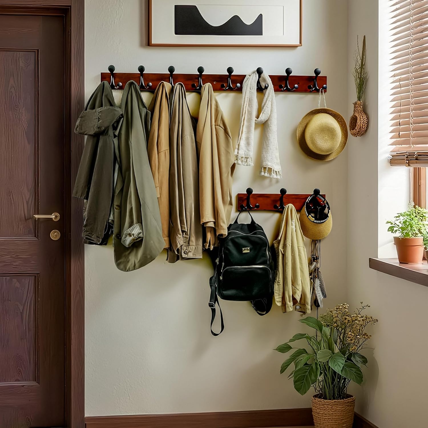 WEBI Coat Rack Wall Mount,24" Solid Wood Coat Hooks Wall Mounted Coat Hanger,16" Hole to Hole,Heavy Duty Hook Rack Rail,4 Triple Hooks for Hanging Coats,Jacket,Clothes,Hat,Backpack,Cherry