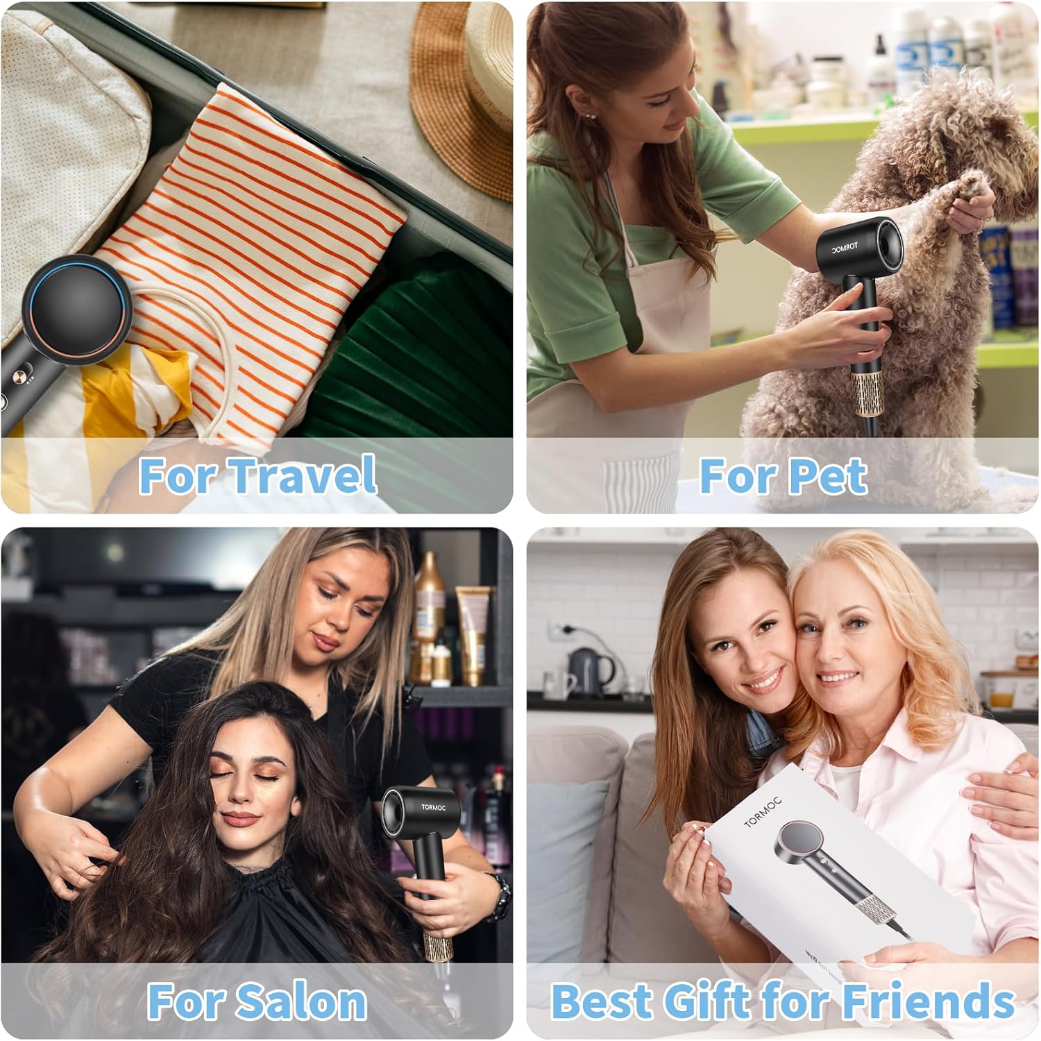 Portable Ionic Hair Dryer, Fast Drying Travel Blow Dryer with Brushless Motor – Small, Lightweight, Mini Hair Dryer with Bag, Quiet & Compact for Home or Travel