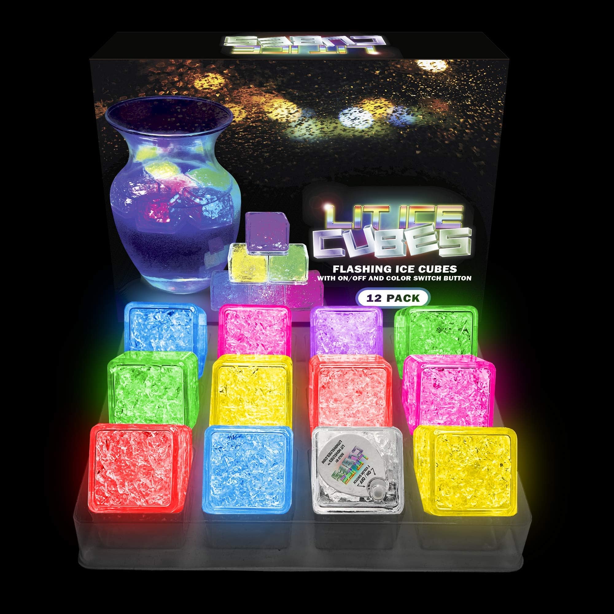 Lit Ice Cubes (12 Pack) Premium LED Light Up Ice Cubes With 8 Color Settings and On and Off Switch By LIT NOVELTIES