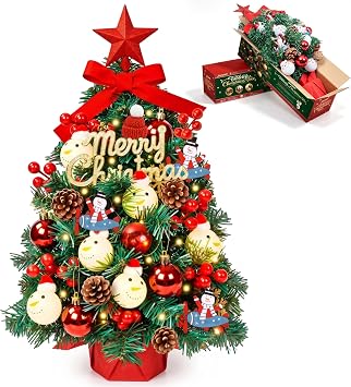 2FT Tabletop Mini Christmas Tree with Warm LED Lights, DIY Ornaments