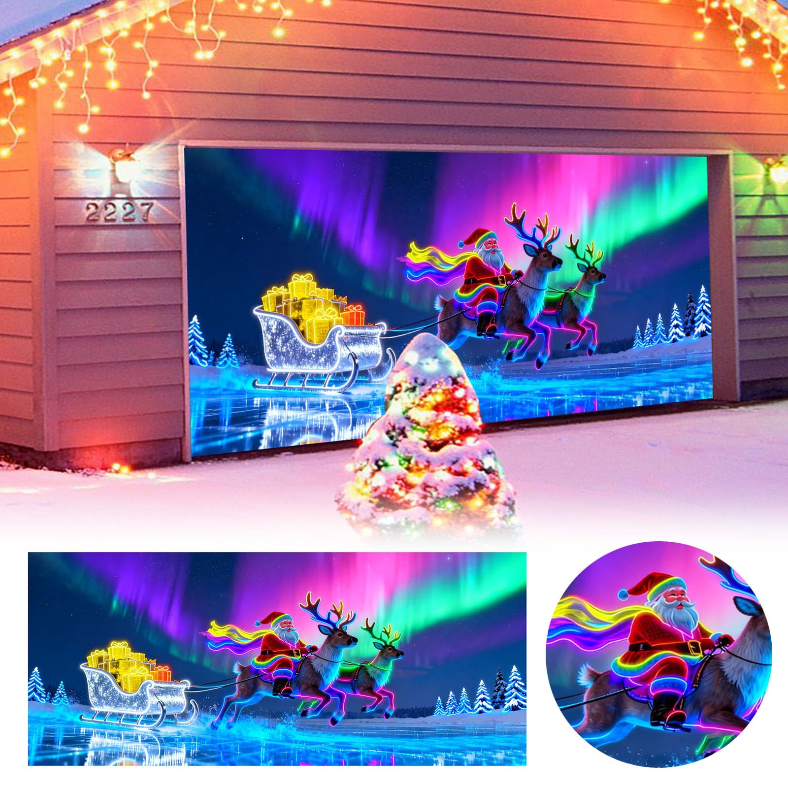 Cartel de graduación activado para puerta de garaje, luminoso, 2D, plano, para puerta de garaje, Papá Noel y patrones para fiestas en interiores y exteriores