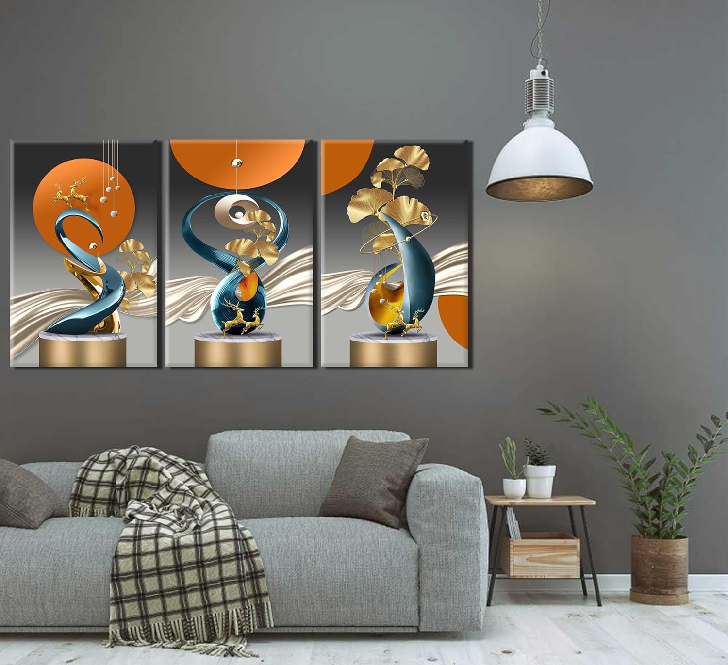 3 Pcs Bright Style Canvas wall Art Golden Deer Luxury Foil Lines Paintings Pictures Modern Abstract White Blue orange color Grey Posters Prints for Living Room Bedroom Office Home Wall Decor Framed