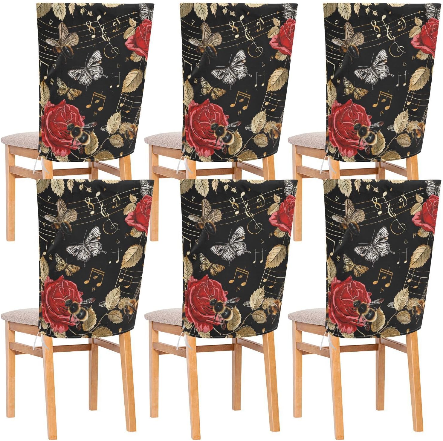 ALAZA Bee Butterfly Rose Music Notes Chair Back Cover Set of 6, Washable Reusable Removable Chair Slipcovers Decorative Chair Cover for Home Kitchen Wedding Party