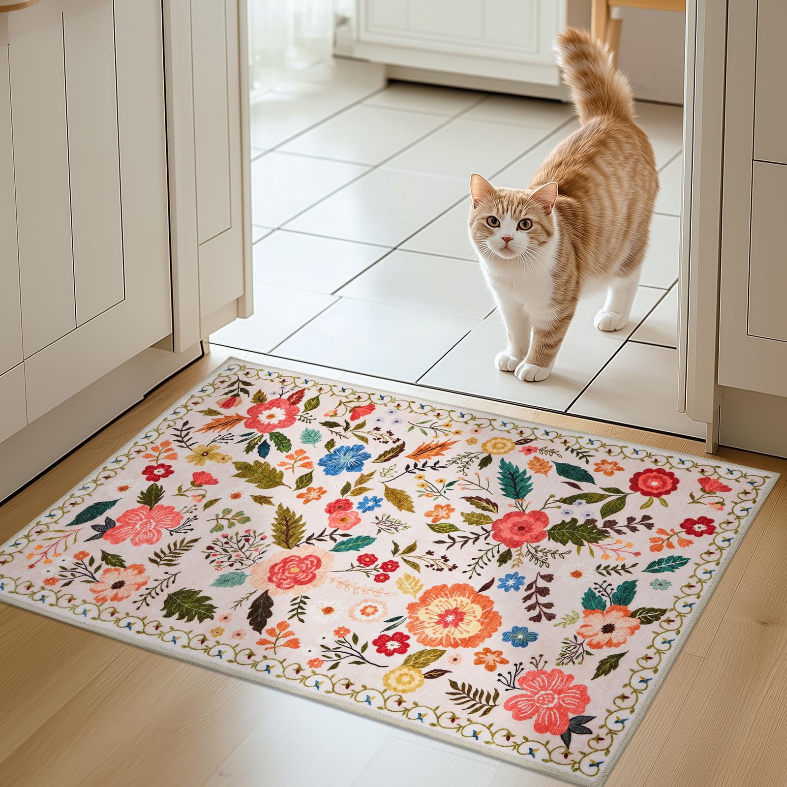 Puremy Door Mats Indoor, Washable Soft Doormats, Small Floral Printed Entrance Mat Ultra Thin Boho Low-Pile Entry Rug for Bedroom Kitchen Hallway Kids Room Laundry, 66x100cm, Beige with Pink — image 1