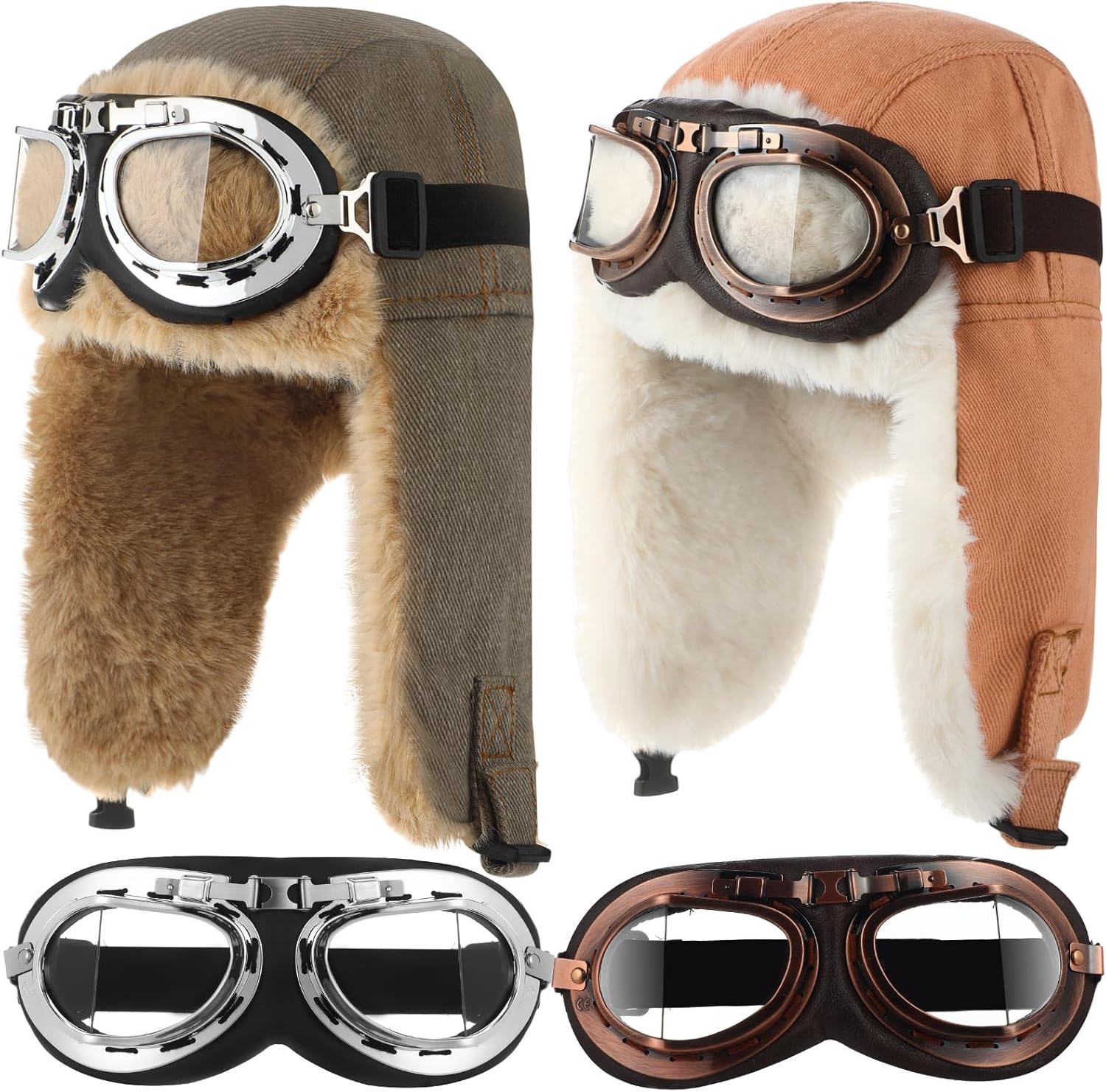 Cozypower 2 Sets Pilot Hat and Goggles Pilot Cap Vintage Flight Costume Accessories Winter Hat with Earflaps for Men Women