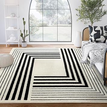 Abani Geometric Beige/Black Area Rug -4x6 - Modern 3D Lines Design - Deco Collection - Easy to Clean - Durable for High Traffic Areas - Bedroom, Office & Kitchen - Medium Pile