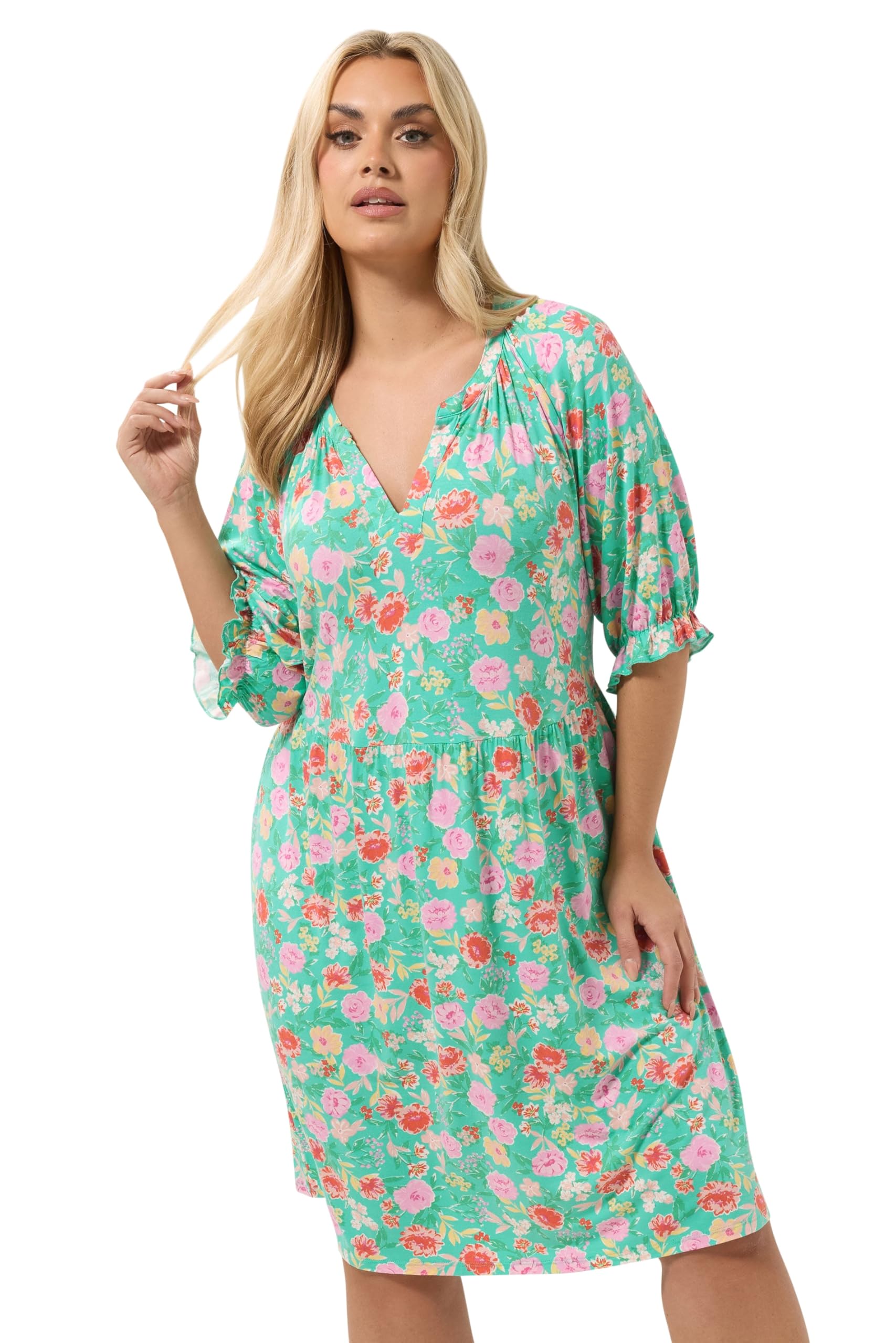 Yours Women's Light Green Floral Notch Neck Dress In | Size: 22-24