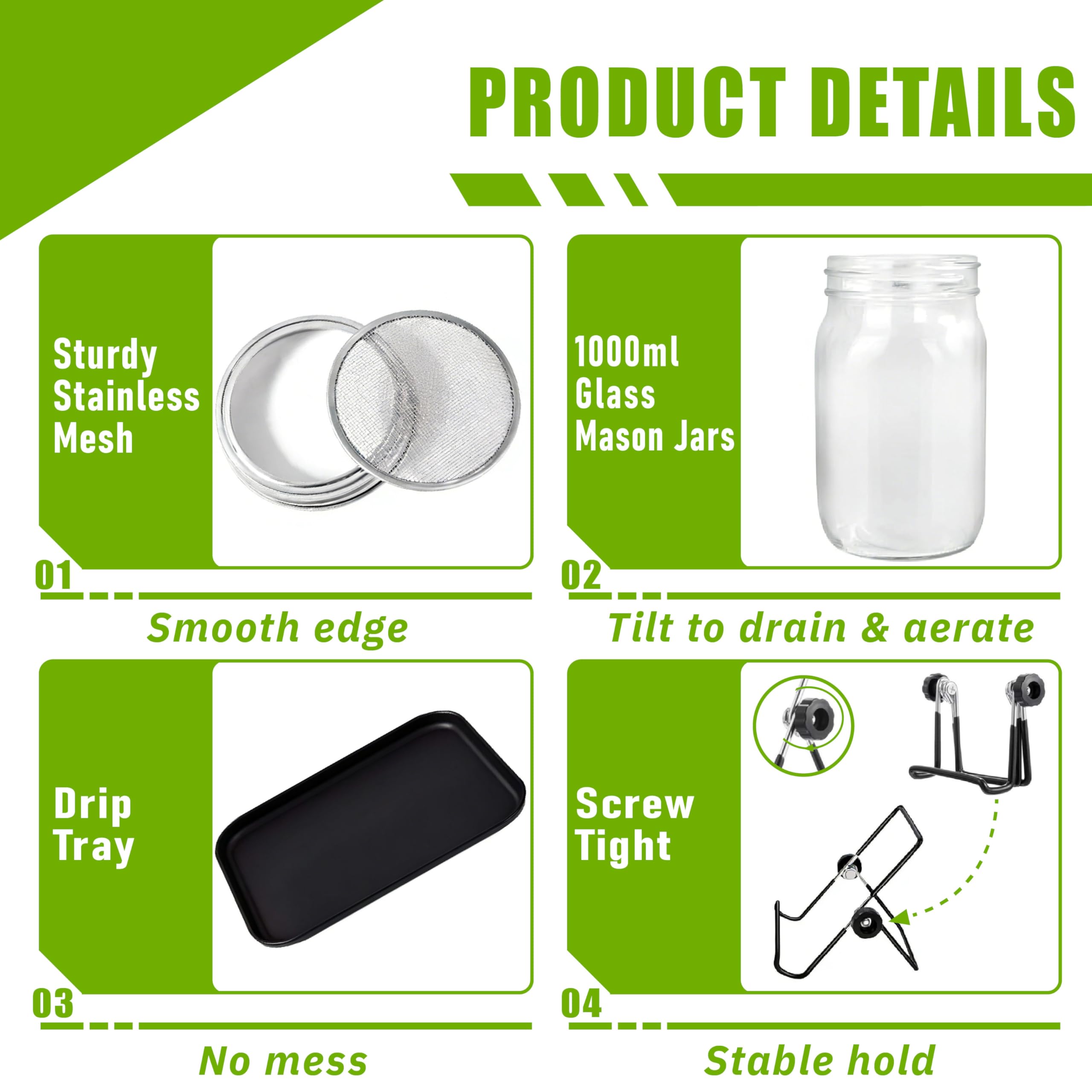 Juego de 2 vasos de brotes de 1000 ml, acero inoxidable 304, tapa coladora y cuenco, brócoli, berros y demás para extraer tú mismo, respetuoso con el medio ambiente para una germinación