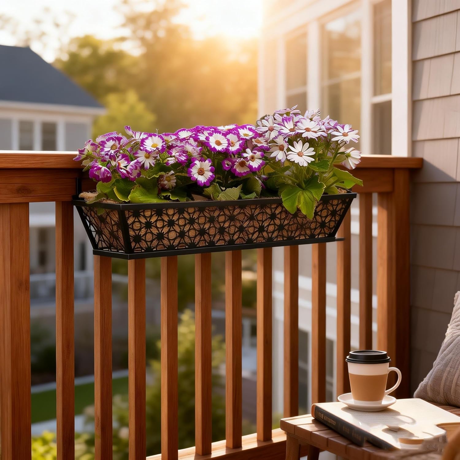 2 Set Deck Railing Planter Box 24" Black Metal Garden Trough Deck Planter English Horse Trough Window Box with Coco Liners