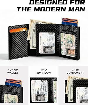 Slim Wallet for Men, RFID Blocking Trifold Leather Card Holder | Leather pop-up card holder with money clip, RFID blocking, holds 6-7 cards & 15+ bills, slim front-pocket design