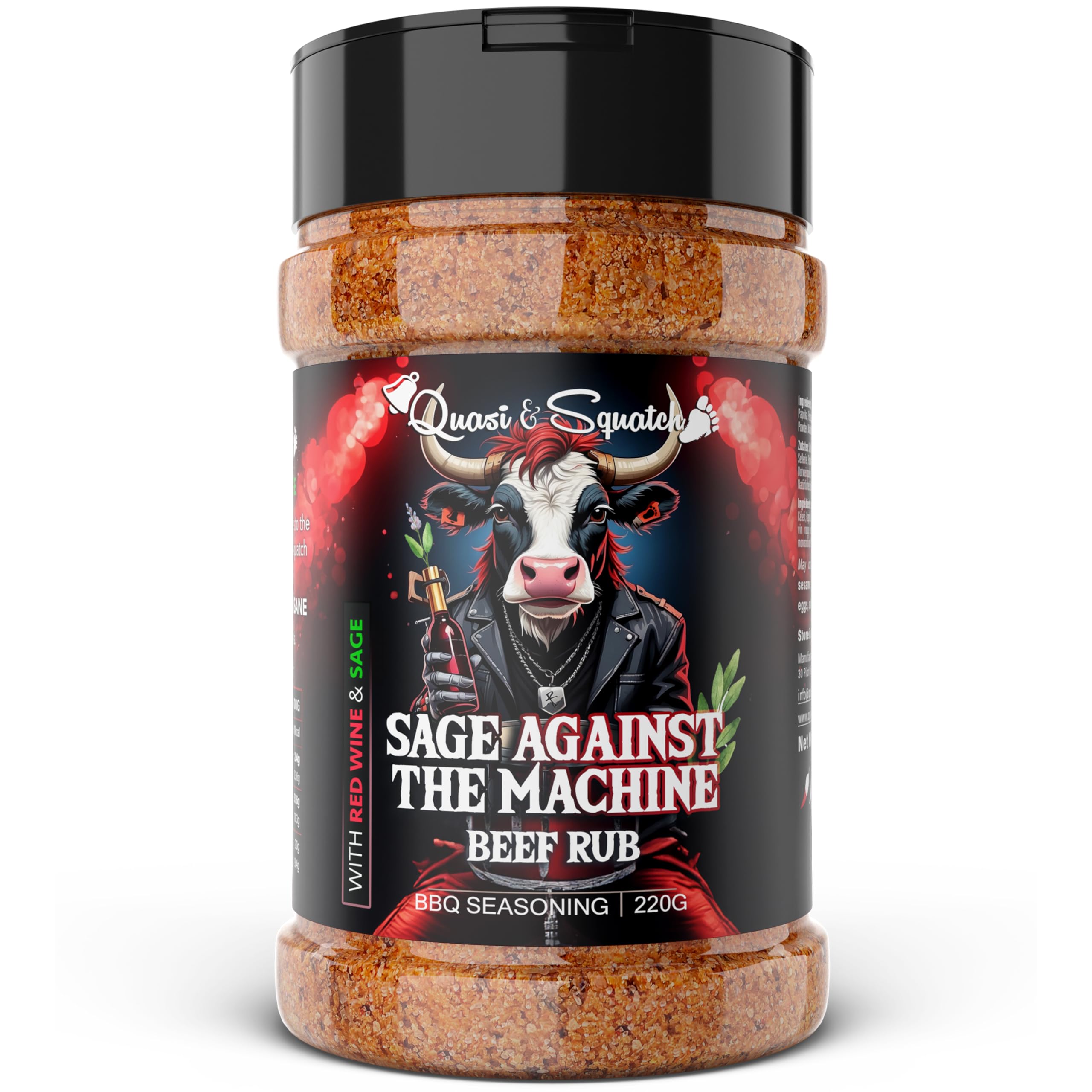 BBQ Rub for Beef by Quasi & Squatch - Sage Against The Machine - Beef Rub (French Red Wine & Sage) Smoked Brisket & Steak Seasoning | Dry Spice for Professional BBQ & Grill | Large Jar 220g