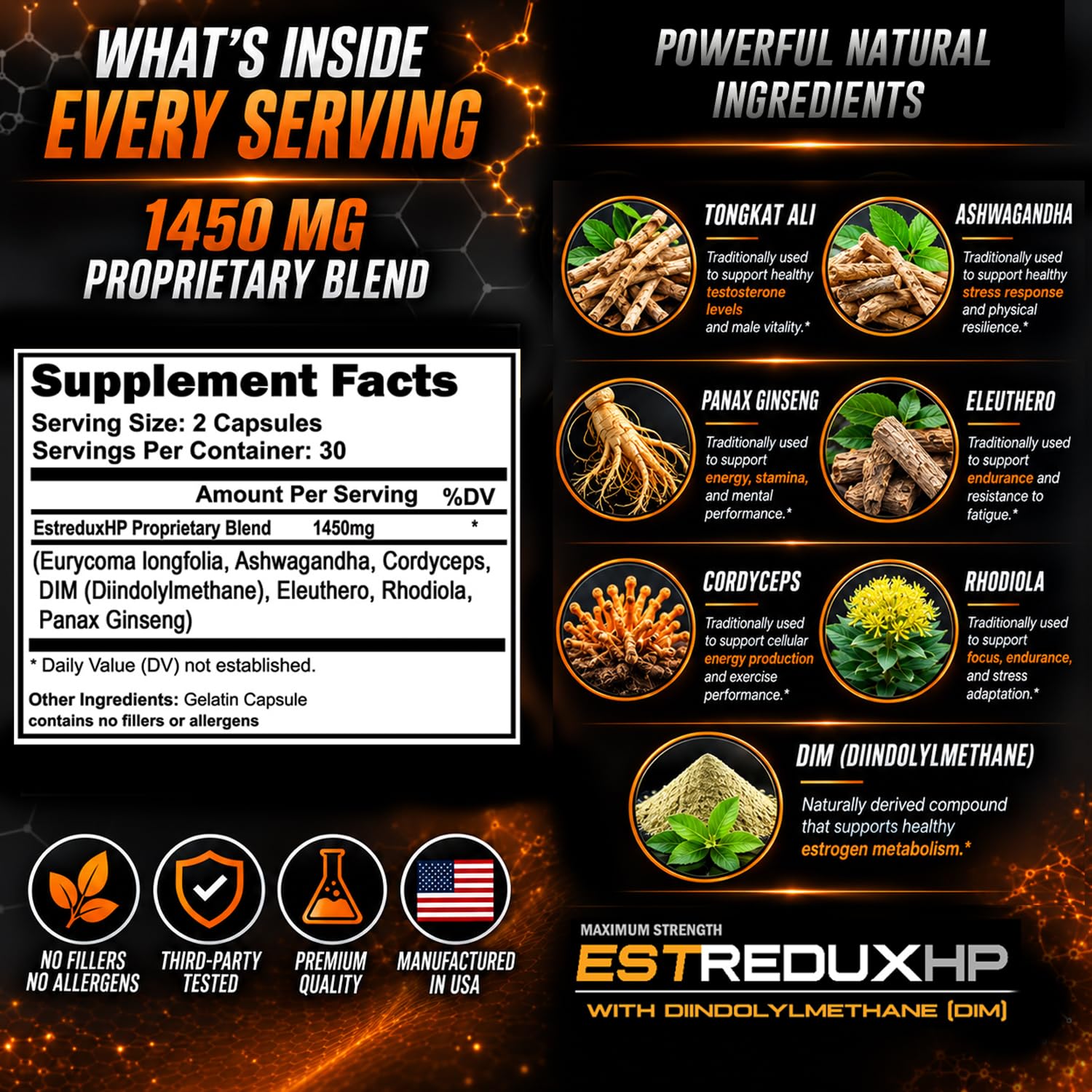 VH Nutrition ESTREDUX HP - with DIM | Estrogen Blocker for Men* | 1450mg of Maximum Strength Hormone Support, Tongkat Ali, Ashwagandha | 60 Capsules — Amazon image 4
