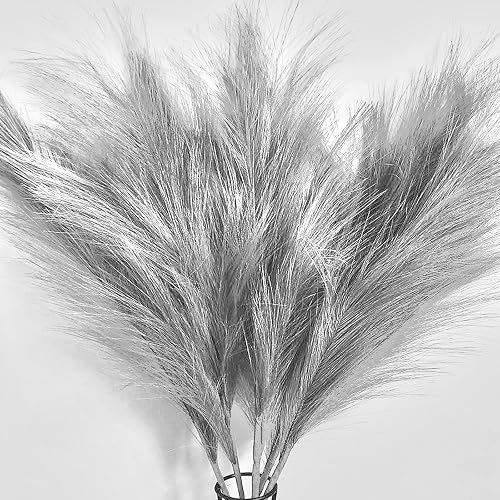 Pusuny Faux Pampas Grass,7 PCS 24 inch Gray Pampas Grass Decor, 7 Branches | Each Stem Fluffy Small Pompous Grass for Vase Filler in Table Vase Decor for House, Office, Boho Wedding Flower (Gray)