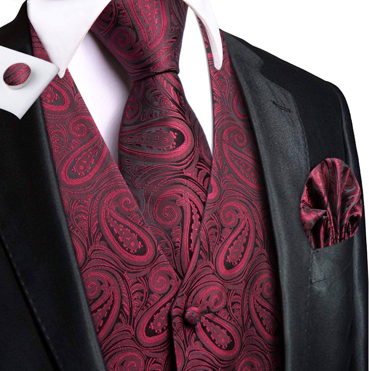 Hi-Tie Mens Silk Vest Set 6 PCS Dress Vest and Tie Pocket Square Lapel Pin for Work Wedding Business - Image 3