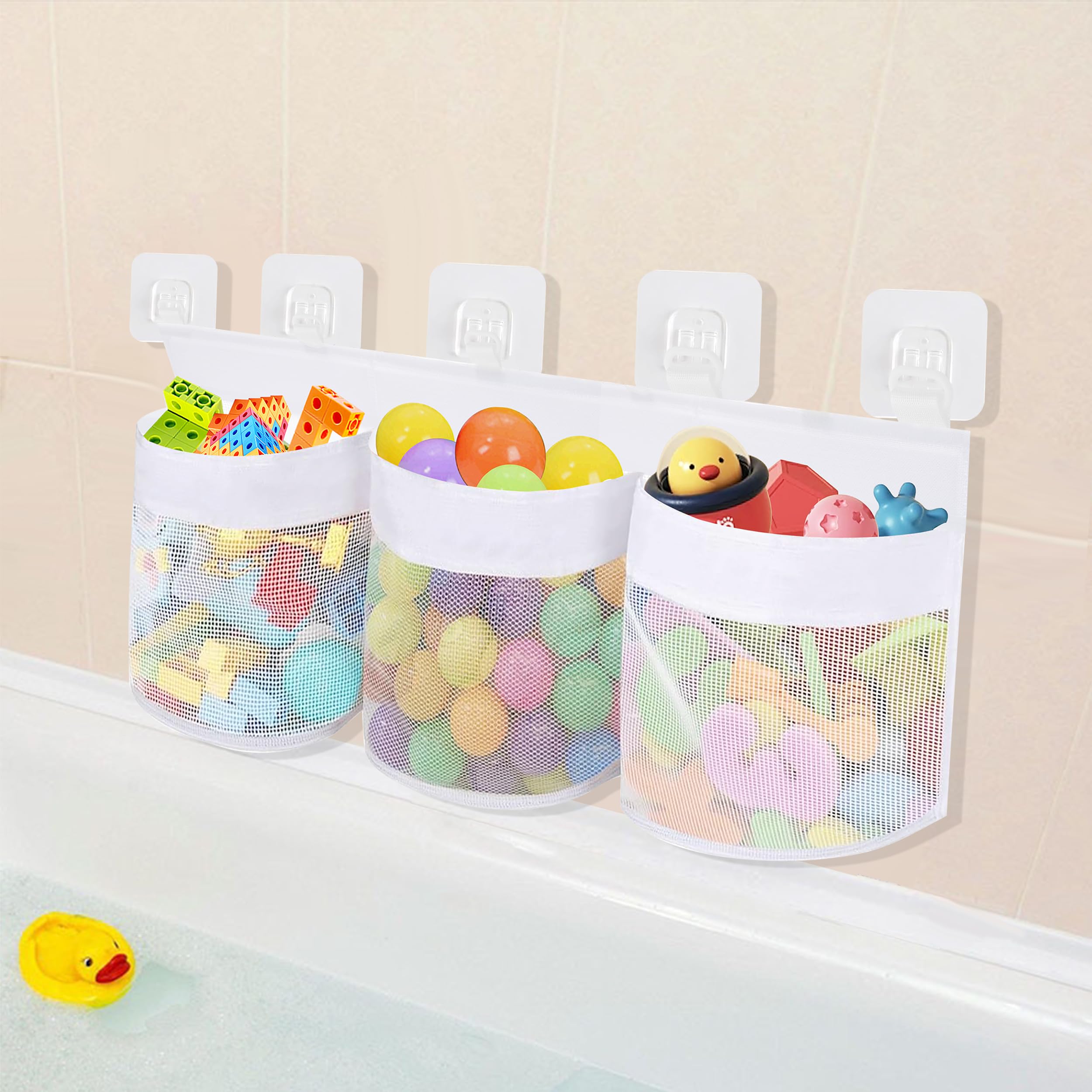 Jeesblsy Bolsa Almacenamiento Juguetes Bañera, Bolsa Red Organizadora Colgar Baño Juguete con 5 Ganchos Adhesivos Fuertes, para Niños Bebés Juguetes