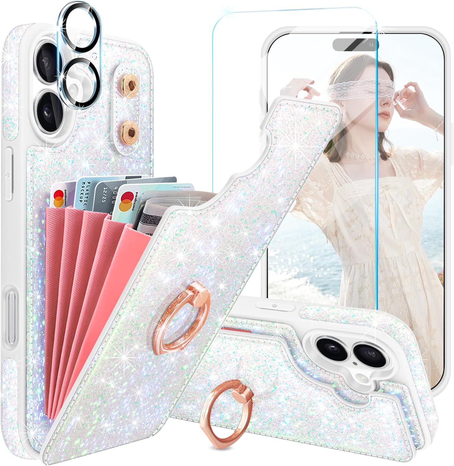 Case for iPhone 16 Plus Wallet Case Glitter, with [Screen Protector+Camera Lens Protector] [5 Card Holder&360° Rotation Ring Kickstand] Shiny Shockproof Phone Case for iPhone 16 Plus,Purple