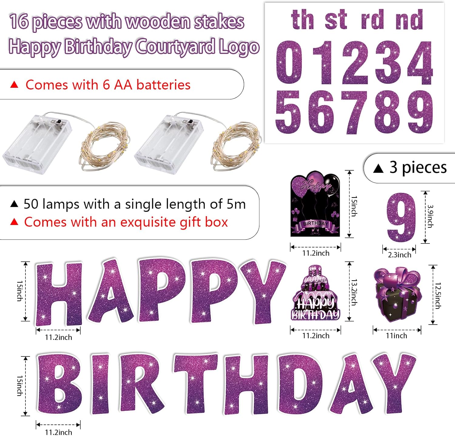 16Pcs Happy Birthday Yard Signs with Stakes,Purple Personalized Age Birthday Party Decorations Lawn Sign 42Pcs Number Stickers 15In Large Size Birthday Letters Patio Garden Outdoor Supplies