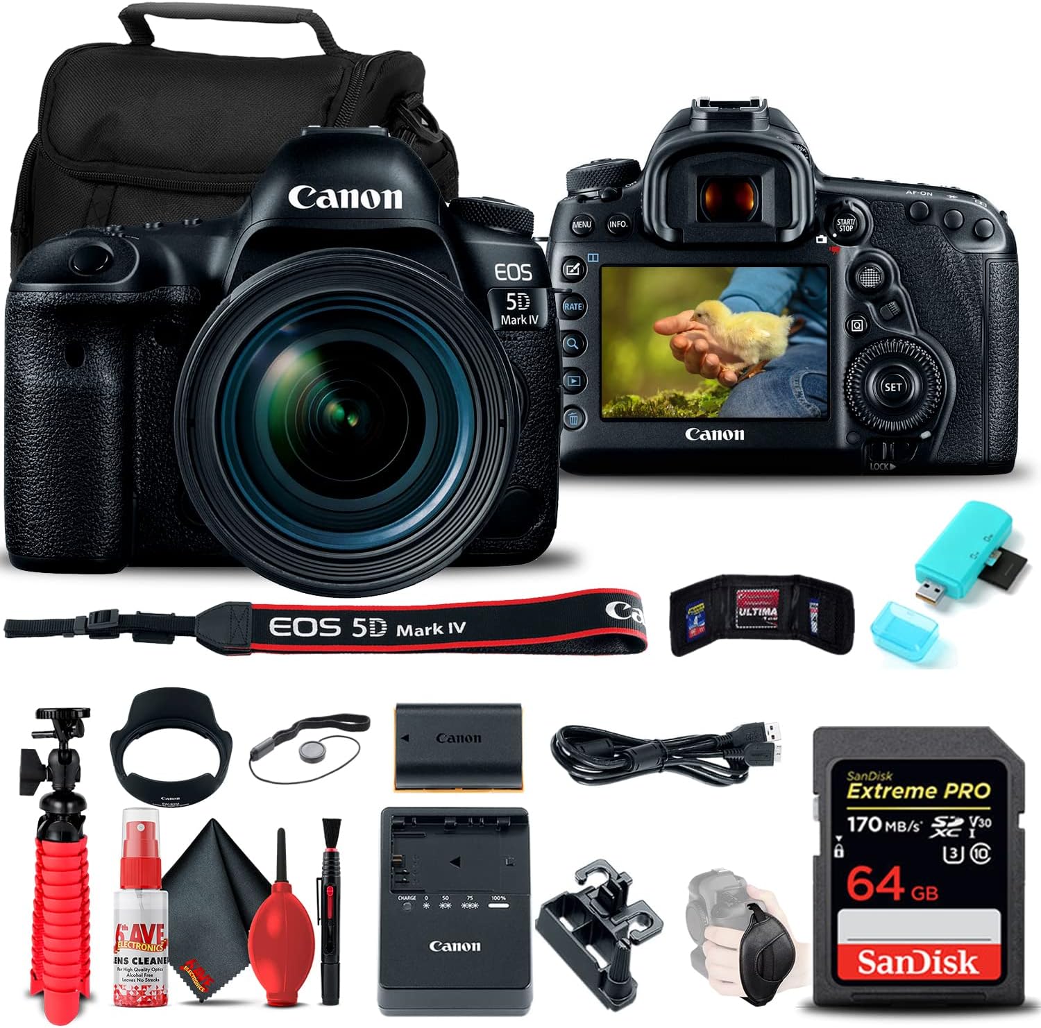 Canon EOS 5D Mark IV DSLR Camera with 24-70mm f/4L Lens (1483C018) + 64GB Memory Card + Card Reader + Case + Flex Tripod + Hand Strap + Cap Keeper + Memory Wallet + Cleaning Kit