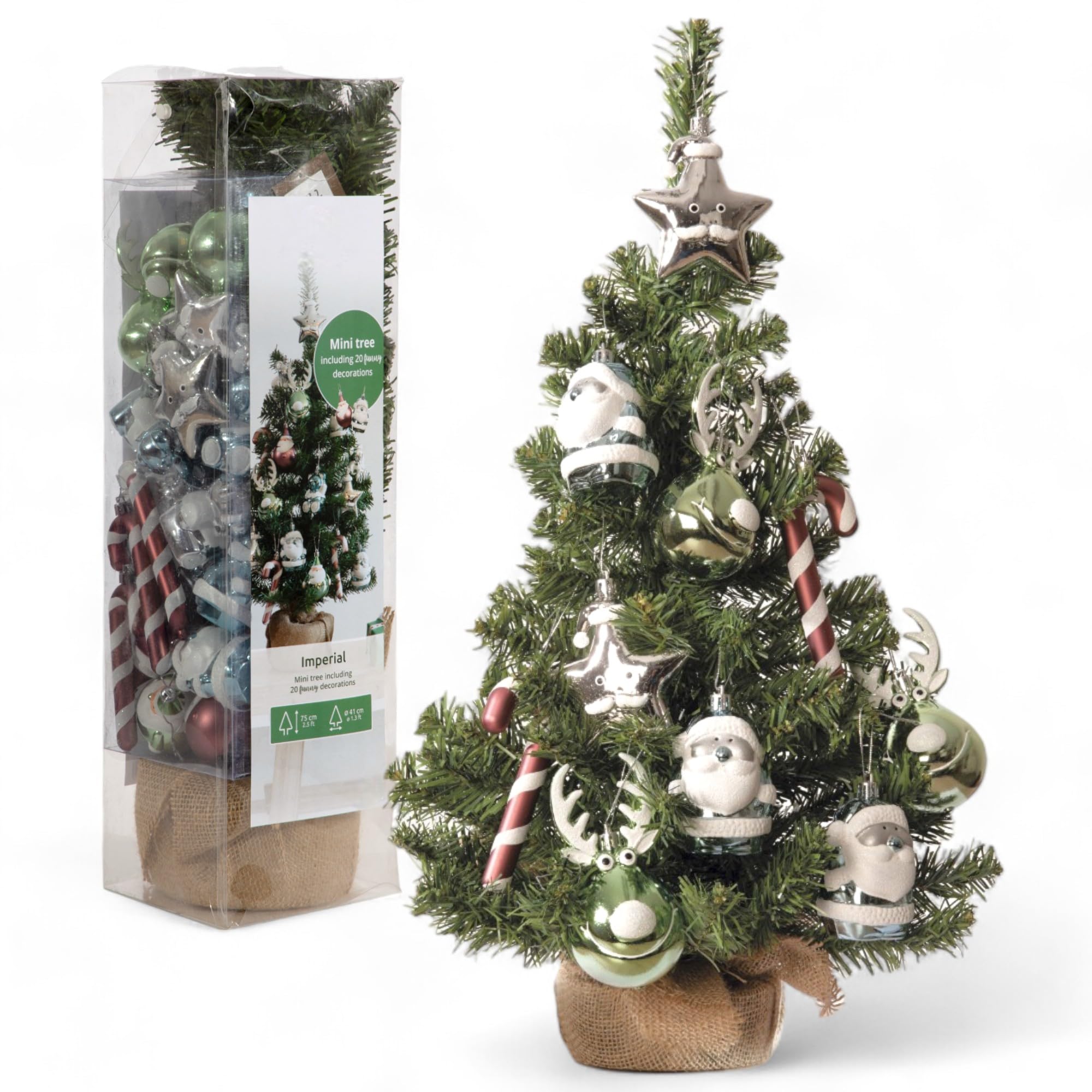 Árbol de Navidad mini en bolsa de yute de 60 cm decorado con 10 figuras navideñas