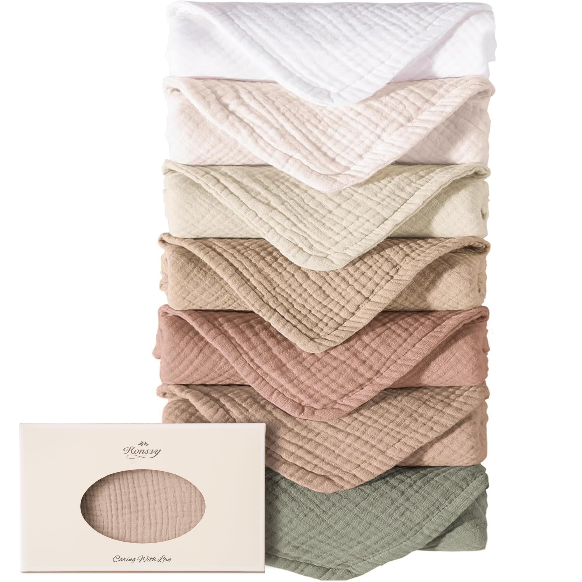 Konssy Muslin Baby Burp Cloths Sets for Unisex- 7 Pack Soft 100% Cotton Burping Clothes for Newborn，Baby Girls and Boys