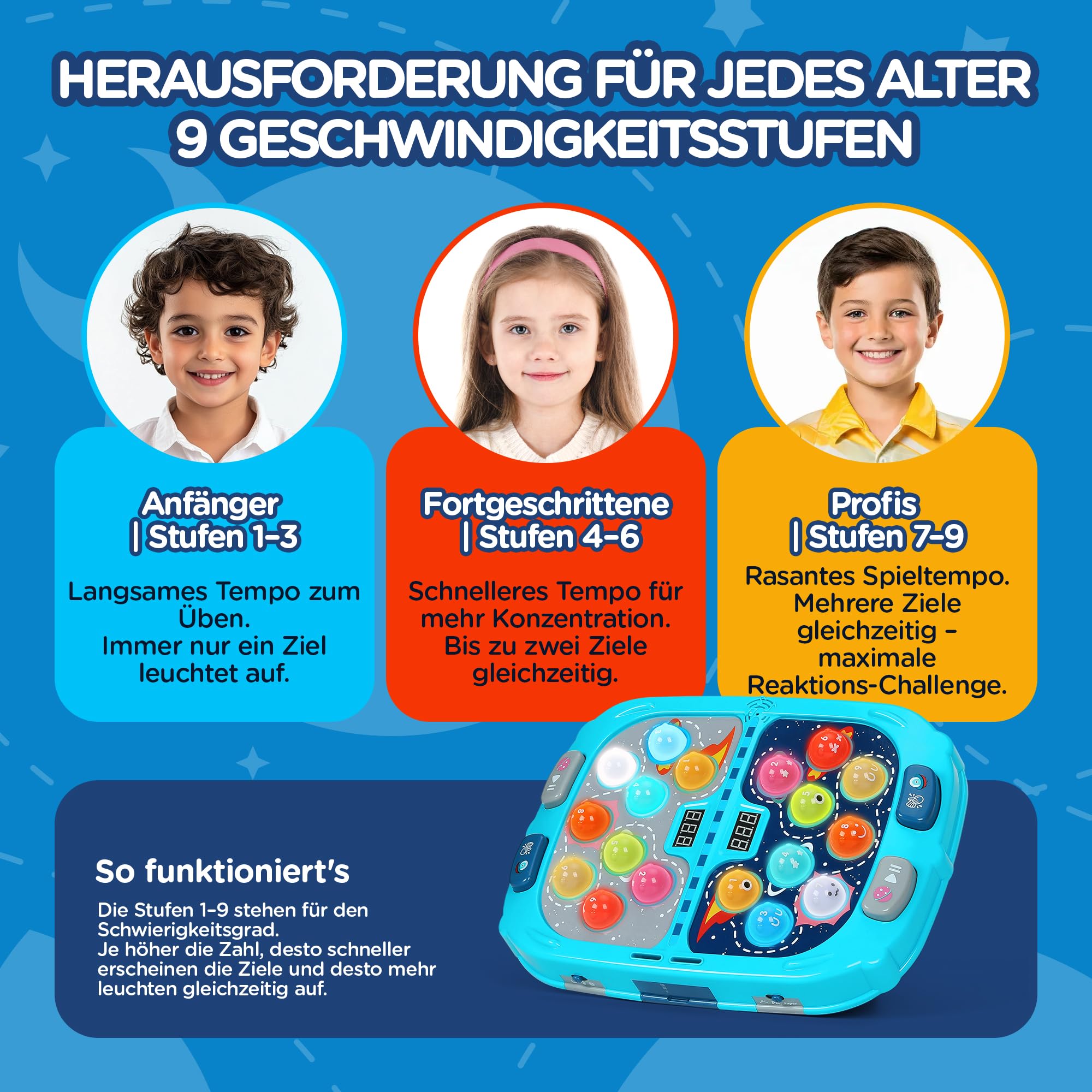 Whack-a-Mole Game for Kids ab 3 Jahren, Schlagspiel mit 18 Leuchtzielen, 2 Hämmern, 3 Spielmodi, 9 Geschwindigkeitsstufen, Reaktionsspiel mit Licht & Sound, Geschicklichkeitsspiel für Jungen & Mädchen