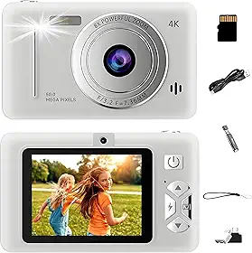 Câmera Digital 1080P Fhd 44Mp com Zoom Digital de 16X, Função para Jogos e Cartão de 32Gb, Estabilizador de Imagem, Bcâmera para Vlogspara Adolescentes, Idosos e Iniciantes (Branco)