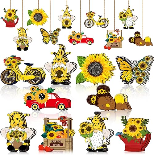 Miniatura 8 de Adorno de madera de gnomo de girasol, diseño de gnomo de flores amarillas, colgante de madera para árbol de verano con cuerda para suministros de