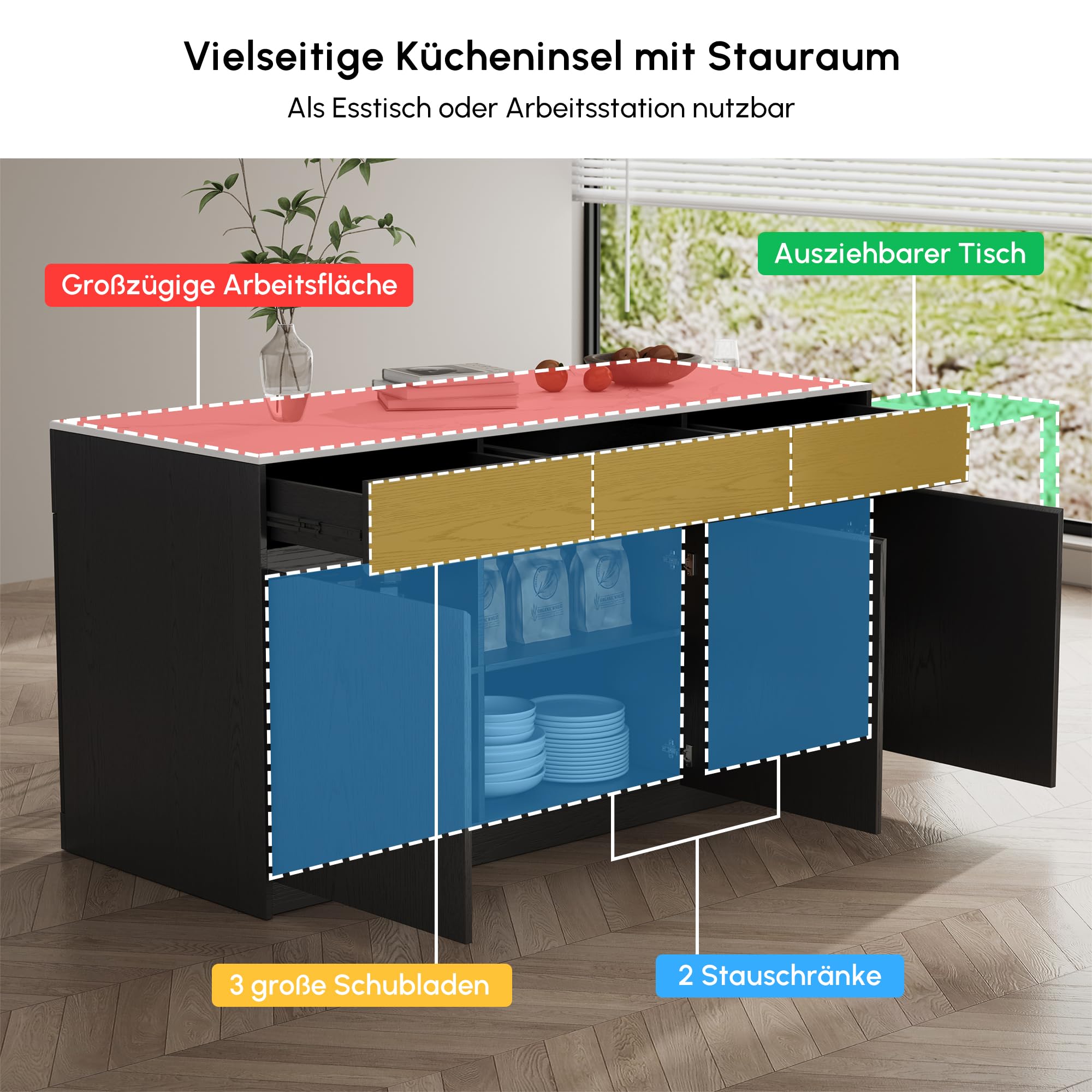 Homary Ausziehbarer Kücheninsel Freistehend Schwarze mit Stauraum und Sinterstein Arbeitsplatte, Umwandelbarer Esstisch für Küche und Esszimmer, 205-268cm x 90cm
