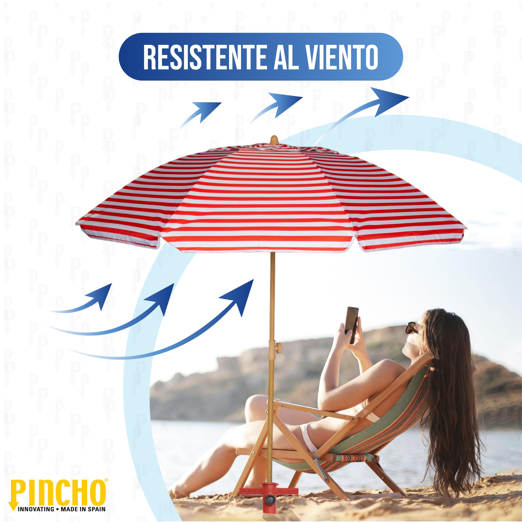 Pincho Grand parasol de plage anti-vent avec protection UV50+, tube en aluminium et 8 baleines en fibre de verre, inclinable avec fenêtre supérieure, embout en aluminium