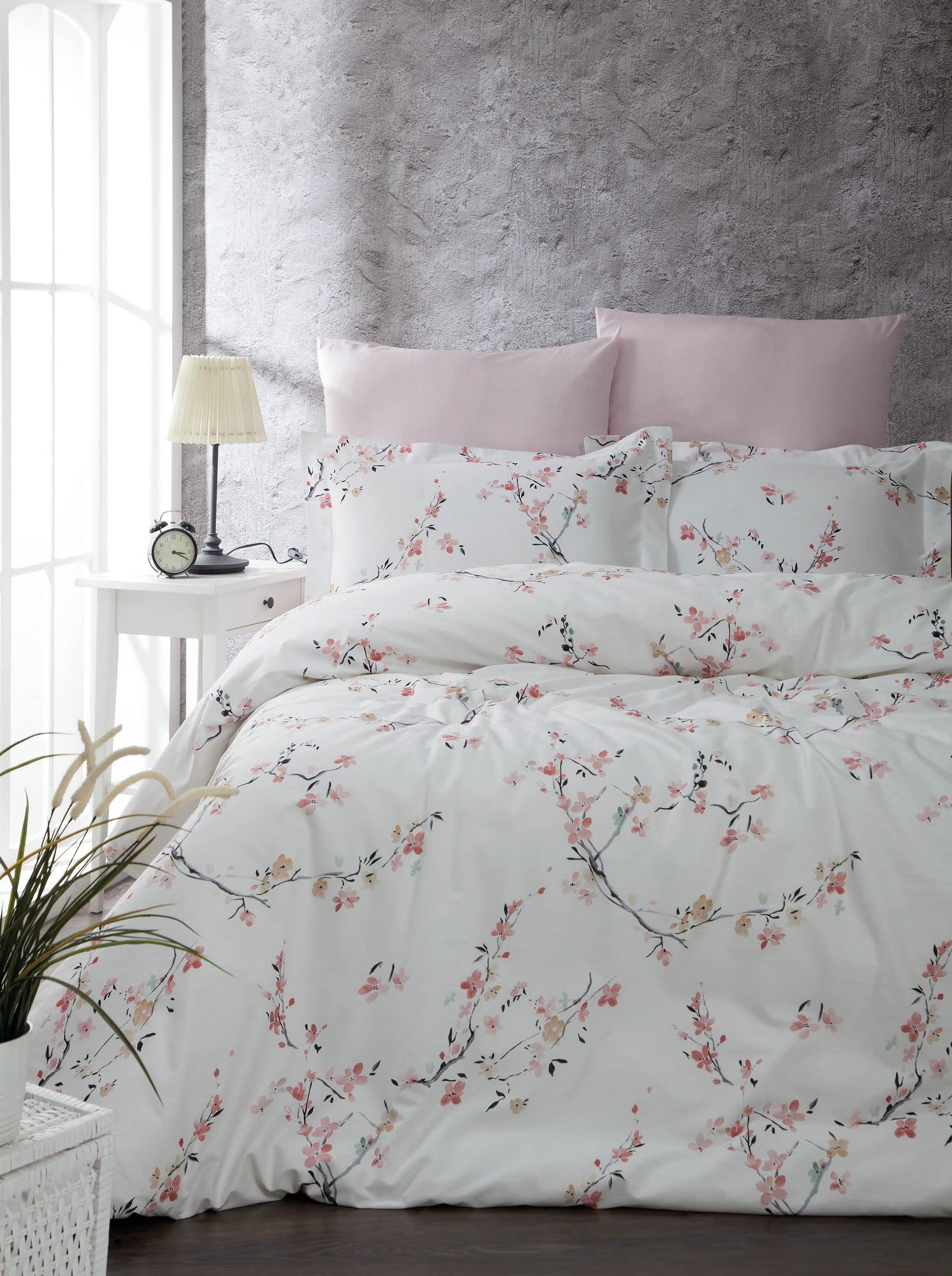 Parure de lit King en coton Ranforce blanc et saumon 200x220 cm avec taies