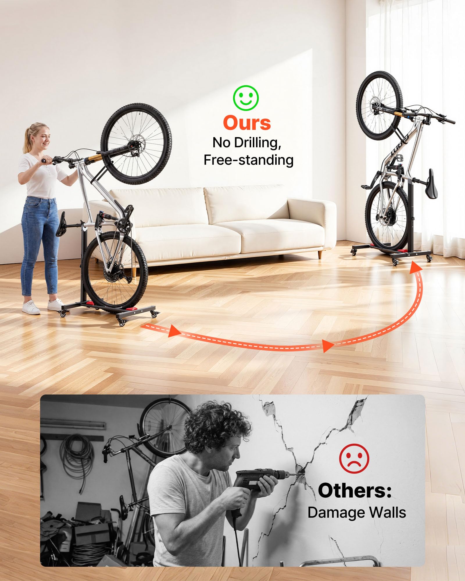 VEVOR Soporte para Bicicleta de Acero con Ruedas 360°, Altura Ajustable, Portabicicletas Independiente con Bloqueo, Uso Vertical y Horizontal para Ruedas de 20 a 29 Pulgadas (508 a 737 mm), Juego de 2