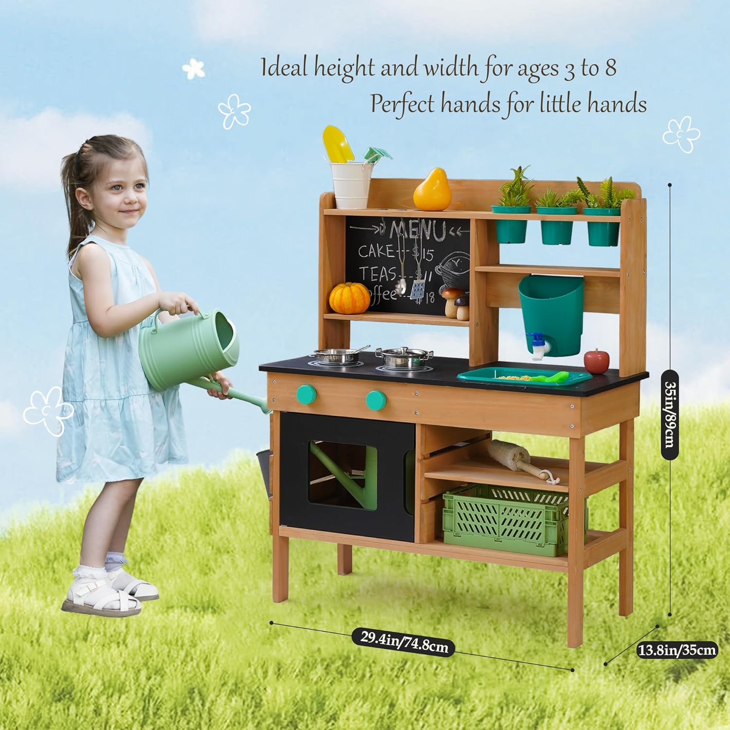Wooden Mud Kitchen for Kids Outdoor - Outdoor Play Kitchen for Toddlers 3-8, Kids Play Kitchen with Real Working Faucet, Chalkboard & Accessories, Gardening Montessori Toys for Backyard & Garden