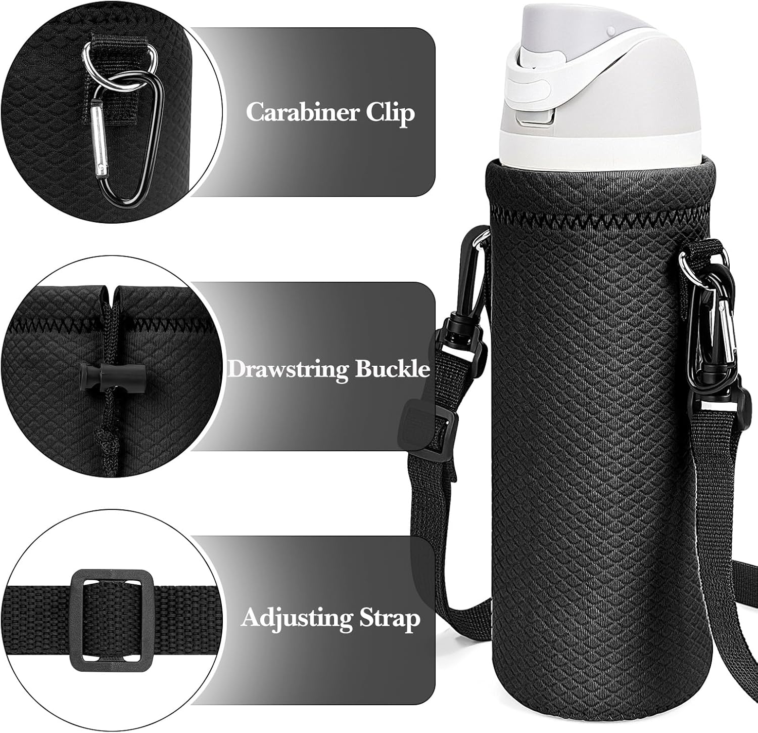 Linkidea Water Bottle Carrier with Strap Compatible with Owala FreeSip 24oz, Twist 24oz, Potter 24oz Bottle, Neoprene Waterbottle Sling Bag Holder, Black - Image 4