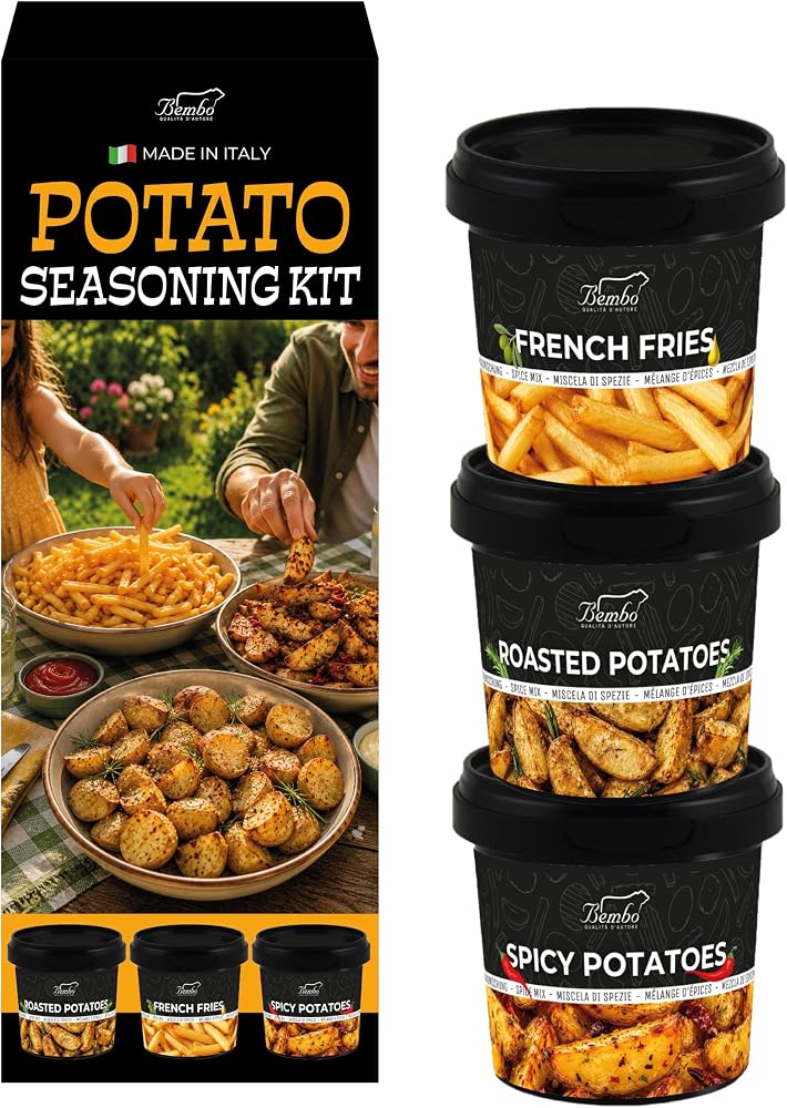 Bembo 3 Mélanges d’Épices pour Pommes de Terre - French Fries,Roasted Potatoes Spicy Potatoes - Assaisonnements Complets avec Sel pour Air Fryer, Four et Barbecue - Coffret 3 Pots - 250 g