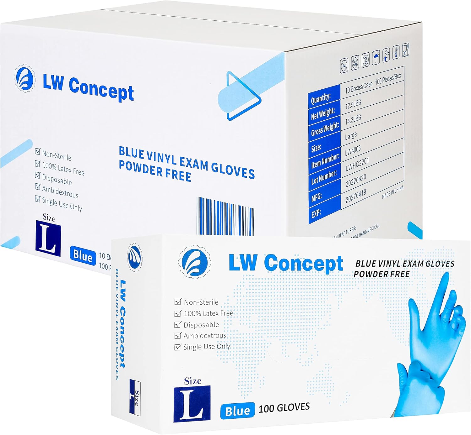 Blue Vinyl Exam Gloves for Medical/Food Safe/Cleaning/Handling Use Multipurpose Latex & Powder Free, 4.5 mil (LW4003, Large)