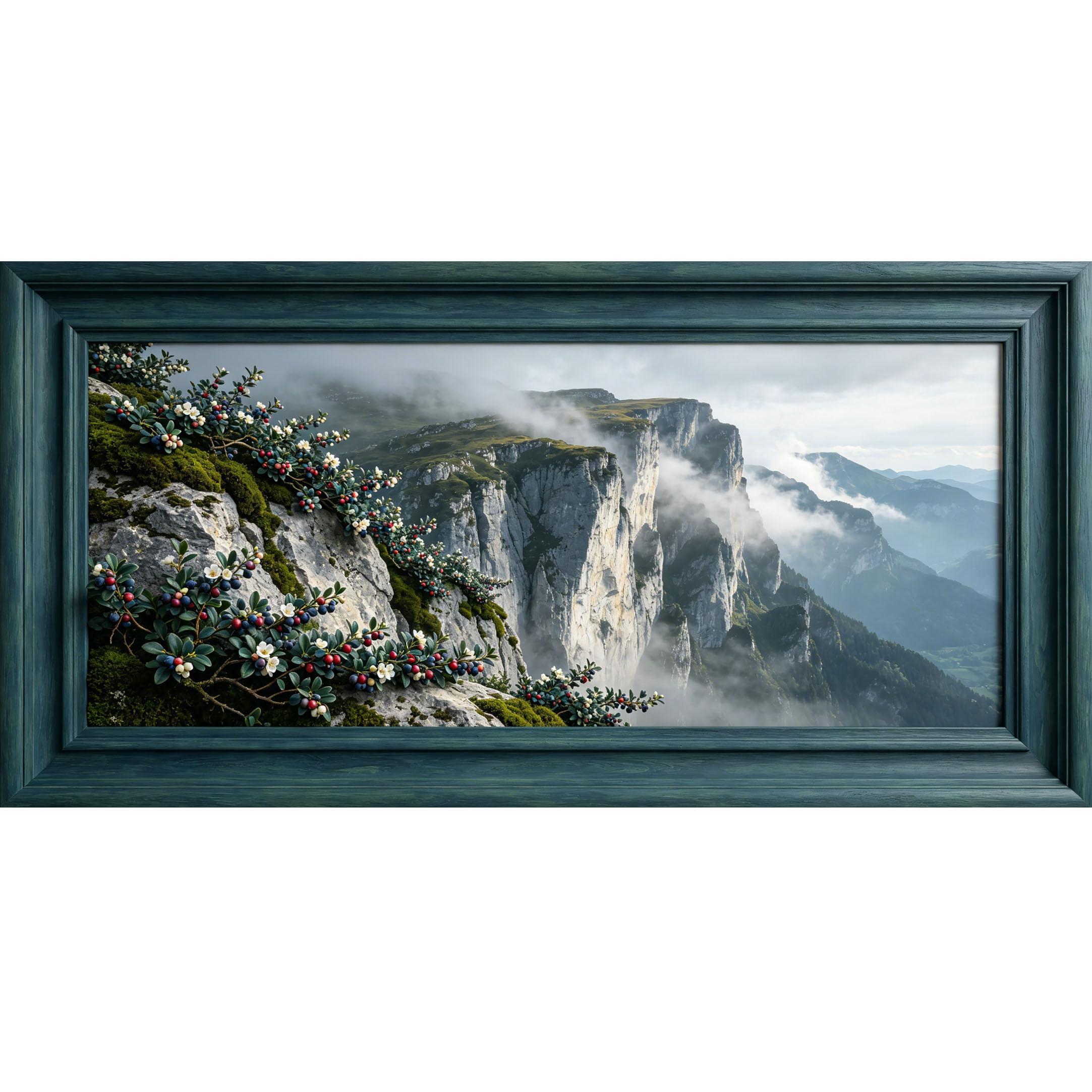 Agglomerix 3D Framed Wall Art Mountain Peak Misty Valley Wild Berry Shrub Botanical Landscape Large Size SelfAdhesive Removable Wall Decor Prints Artwork for Living Room Bedroom Office