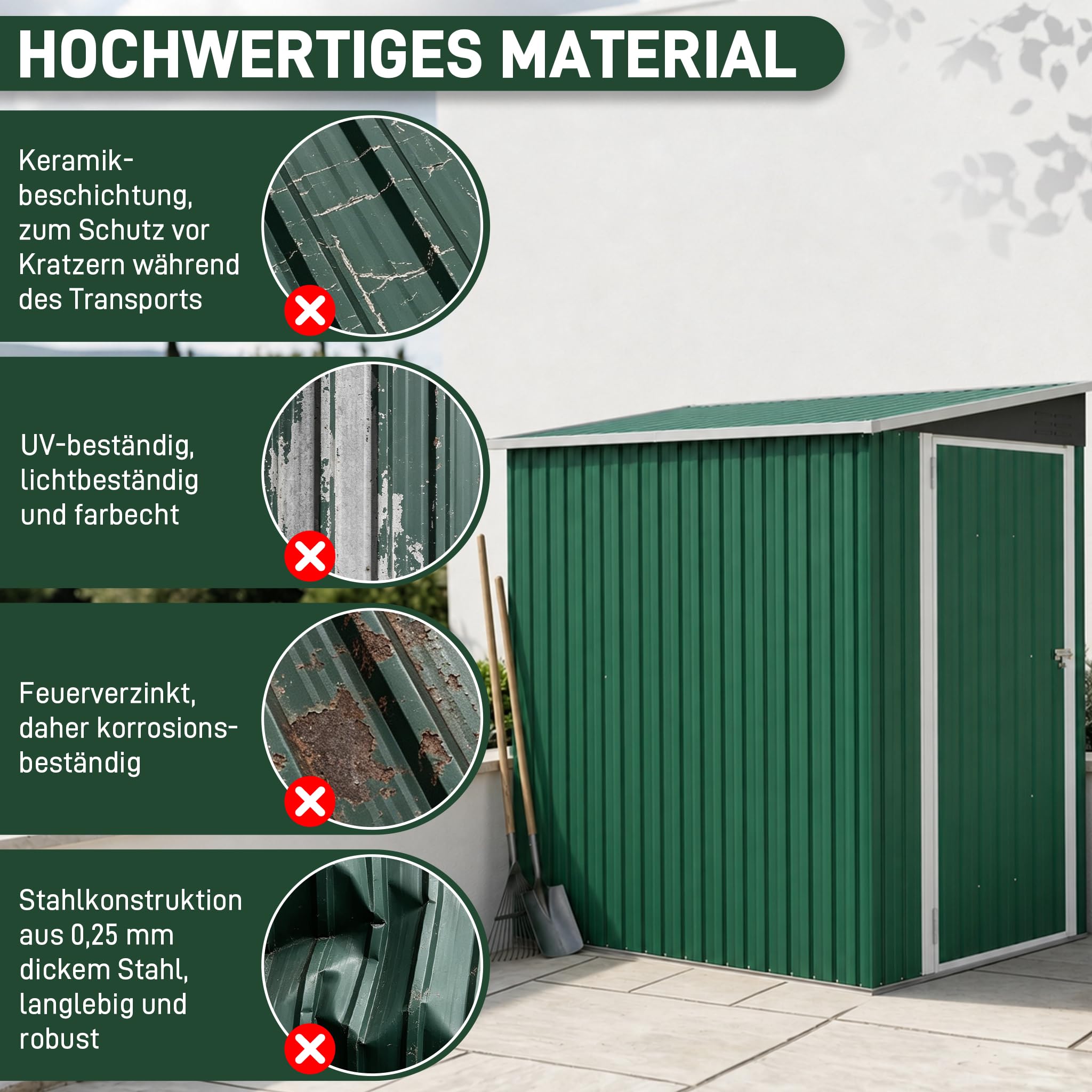 XMTECH Metalowy domek ogrodowy 180 x 117 x 185 cm – duża szopa na narzędzia z drzwiami skrzydłowymi i wentylacją, ze stabilnym dachem jednospadowym, odporna na warunki atmosferyczne, zamykana, domek