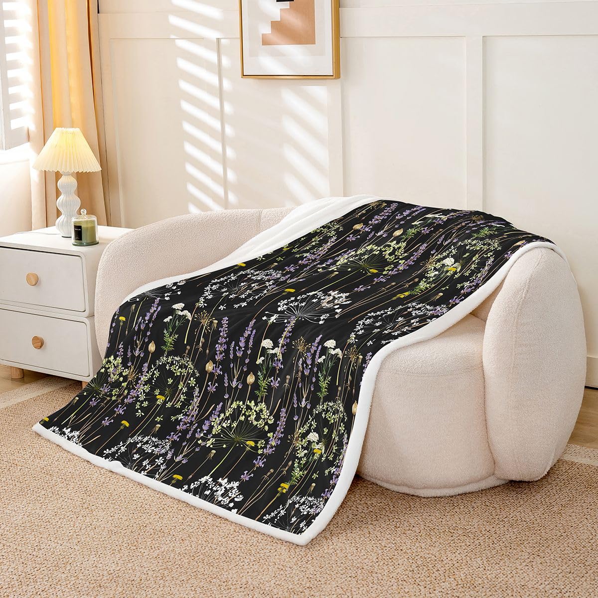 Homewish Czarny kwiatowy koc polarowy, 152 x 203 cm, wiosna, botaniczny kwiat, ciepły, pluszowy koc sherpa, boho, kwiaty, liście, puszysty, pluszowy, wiejski dom, boho, estetyczny do salonu, sypialni