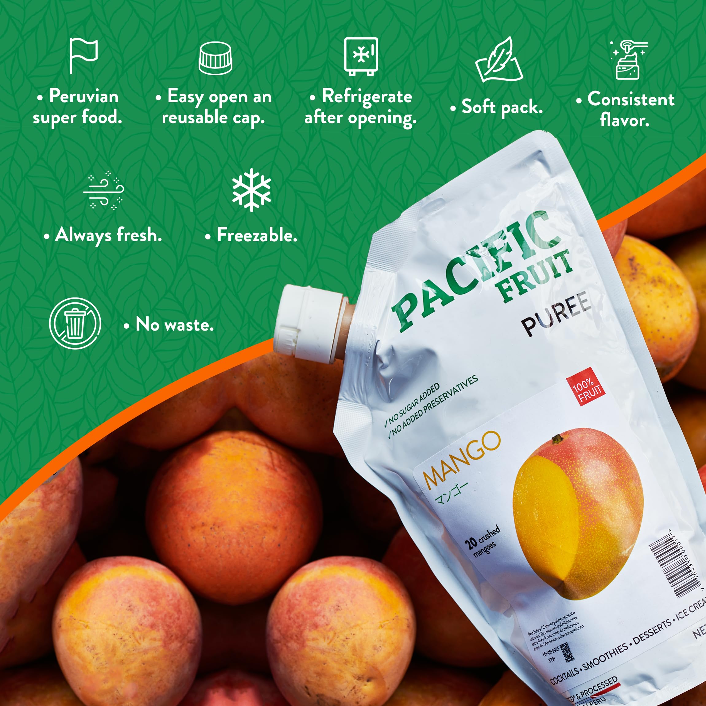 PACIFIC FRUIT - Real Mango puree for cocktails - Mango juice no sugar added – Pure mango – 100% REAL FRUIT!