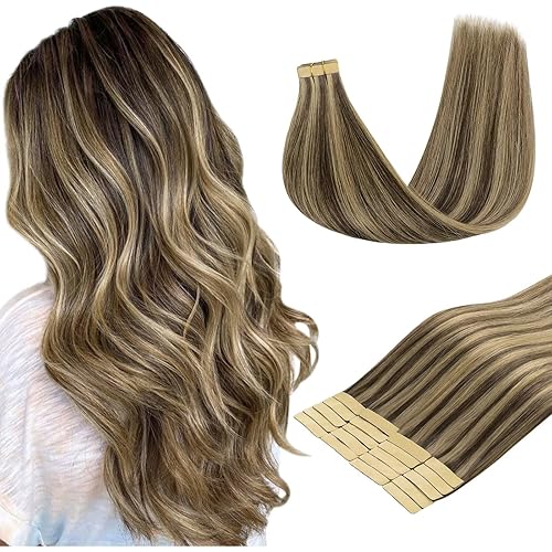 DOORES Tape in Hair Extensions Real Human Remy, Chocolate Brown Highlight Caramel Blonde 20pcs 50g 22 Inch, Tape in Human Hair Extensions Long Straight Natural Remy Soft for Women