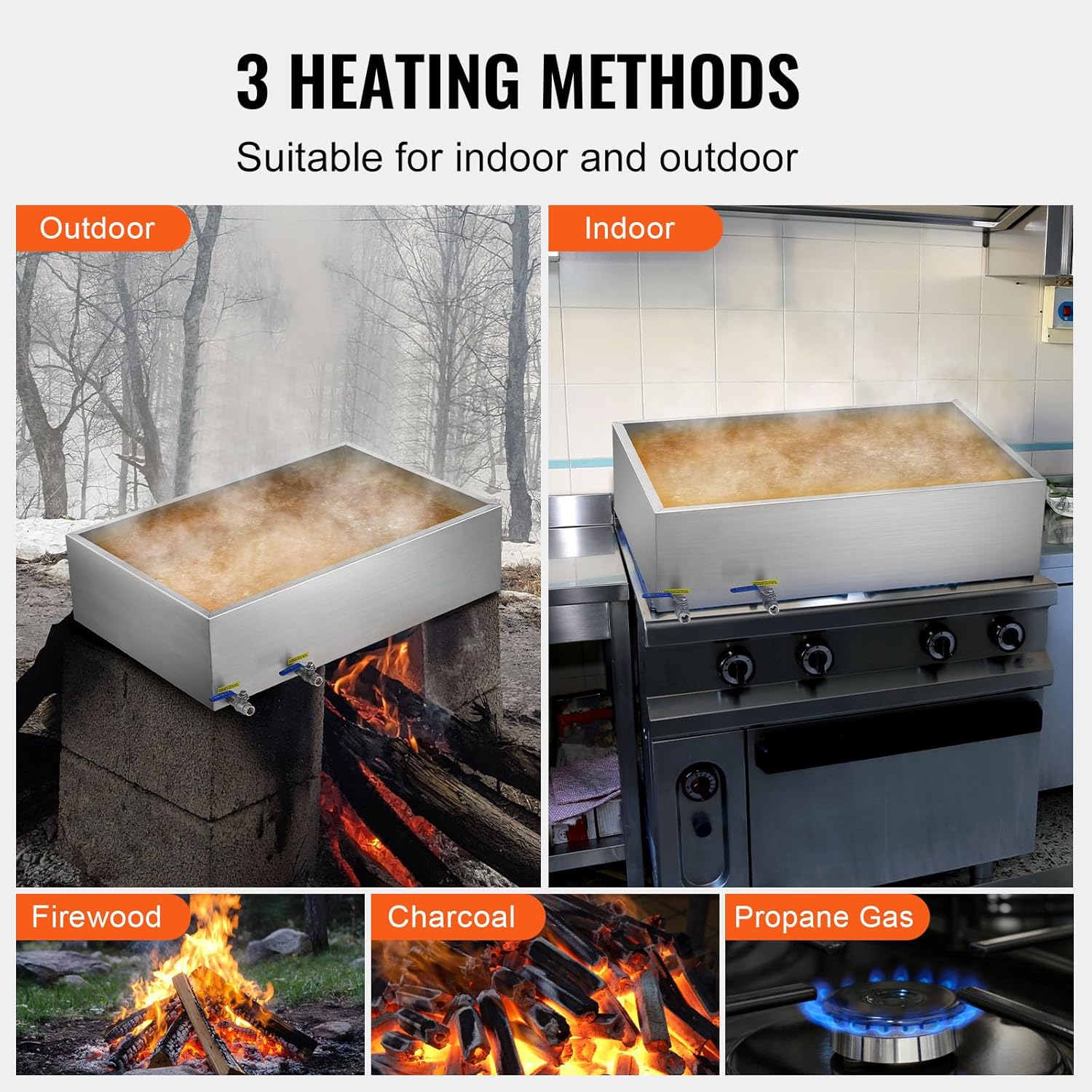Happybuy Maple Syrup Evaporator Pan, 35 Gallon, 509 Cups of 8.8oz Maple Syrup, Flat Evaporator Pan with 2 Valves and 3 Heating Methods, 304 Stainless Steel for Home, Outdoor, Silver