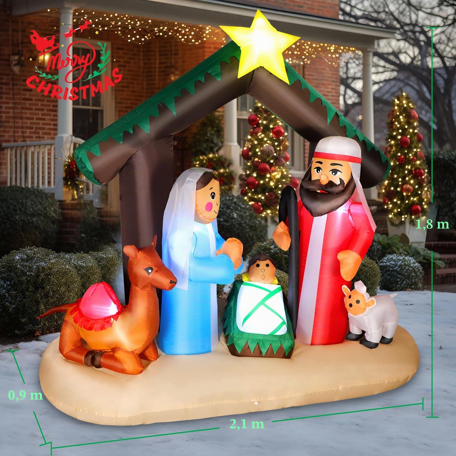 Decorazione natalizia gonfiabile alta 180 cm/6 piedi, presepe con tetto di paglia verde e 3 personaggi, luci LED integrate, decorazione natalizia religiosa per chiese/giardini, impermeabile IP44