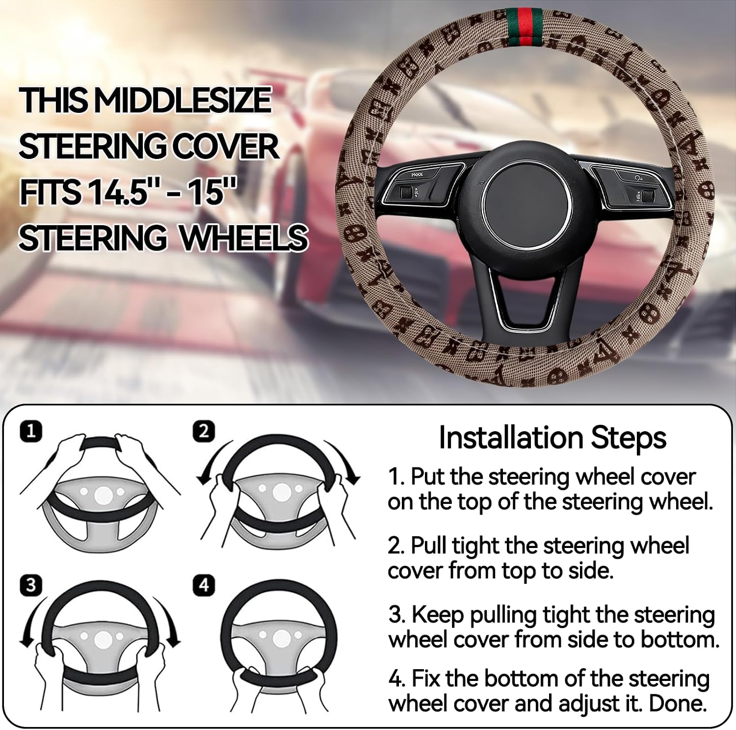 Steering Wheel Cover for Women, with 2 Headrests, 2 Seat Belt Covers - Universal Fit for 14.5-15" Steering Wheel (Beige)
