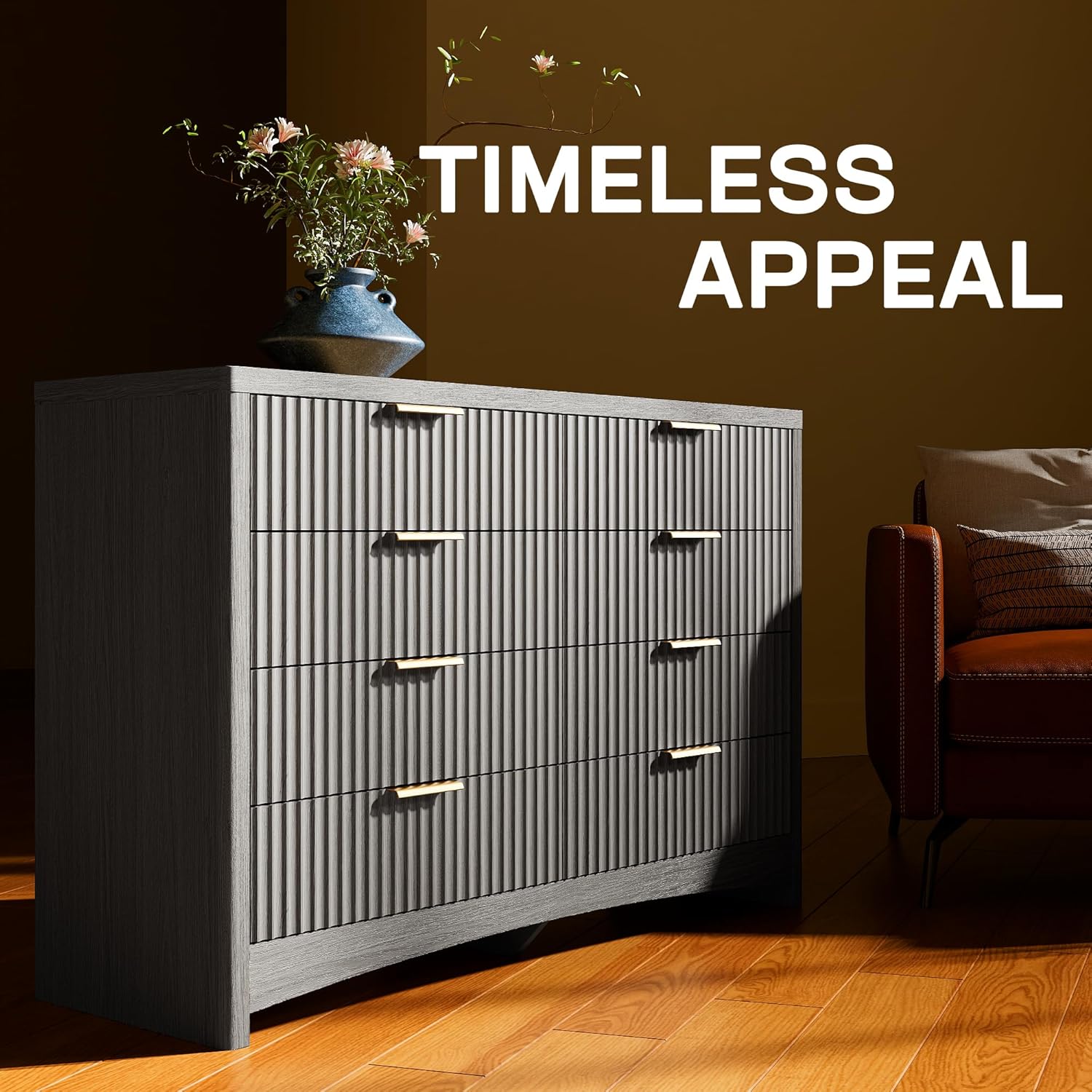 Marsail Fluted 8-Drawer Wide Wooden Dresser, Smooth Gliding Drawers & Large Capacity Storage Space, Modern Organizer Cabinet for Bedroom or Hallway, Light Grey