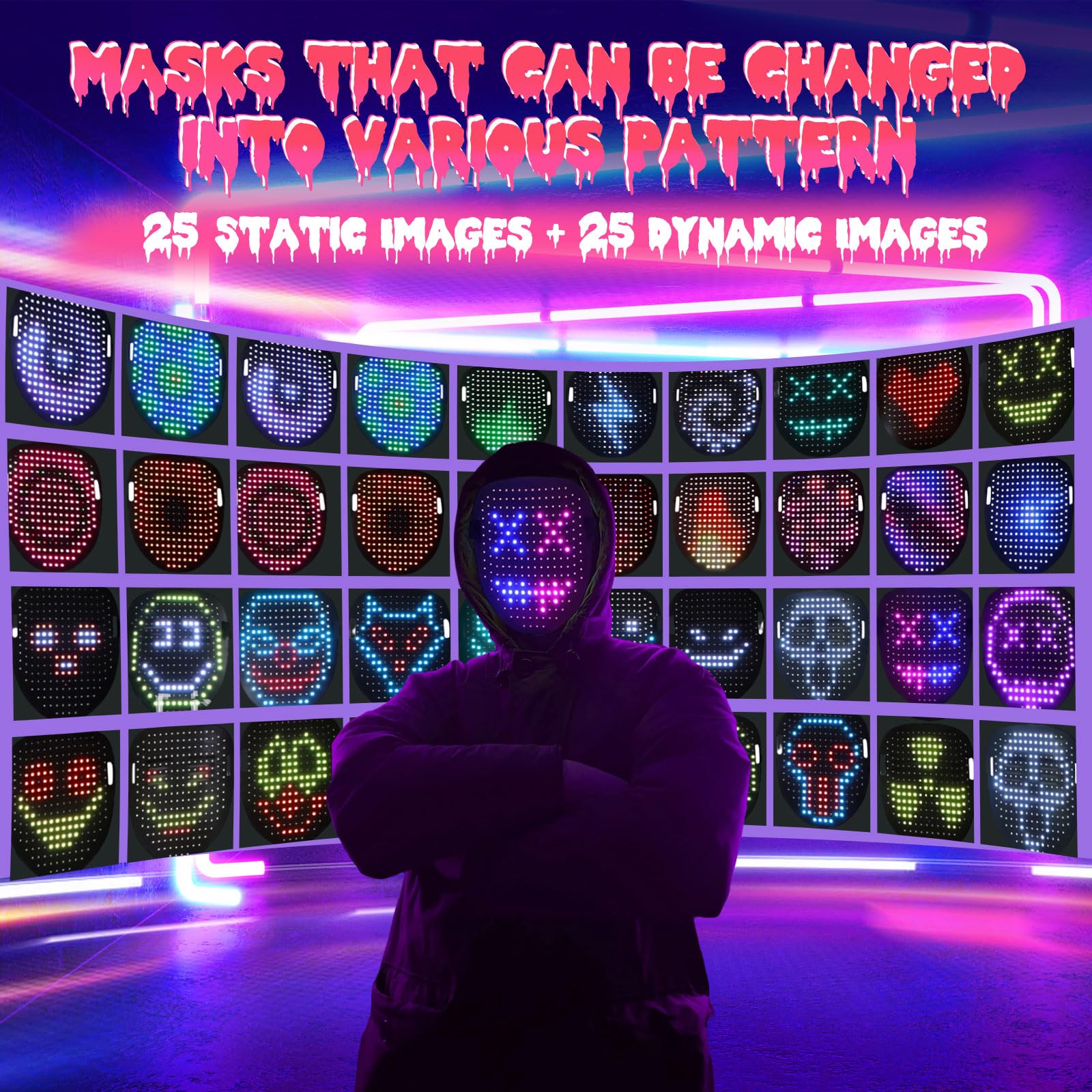 Maschera di Halloween a led, maschera luminosa con 25 modelli statici + 25 dinamici con rilevamento dei gesti Maschera spaventosa per Halloween, Cosplay, Masquerade