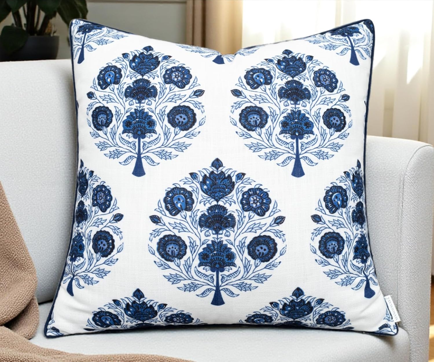 Printed 20x20 Inch Decorative Throw Pillow Cover – Poly Cotton Blend Navy Blue Floral Bouquet – Timari